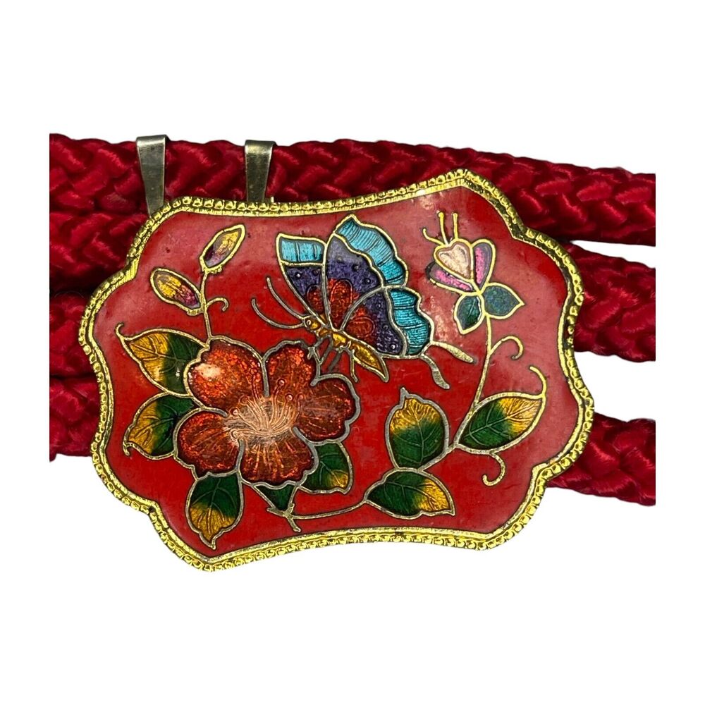 Vintage Women's Red Stretch Rope Belt With Floral Cloisonné Buckle 15-in Length - Picture 2 of 6